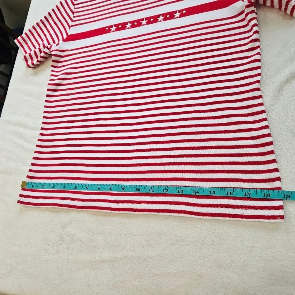 Cathy Daniels Shirt Women's Patriotic Red White Striped Rhinestone Embellished